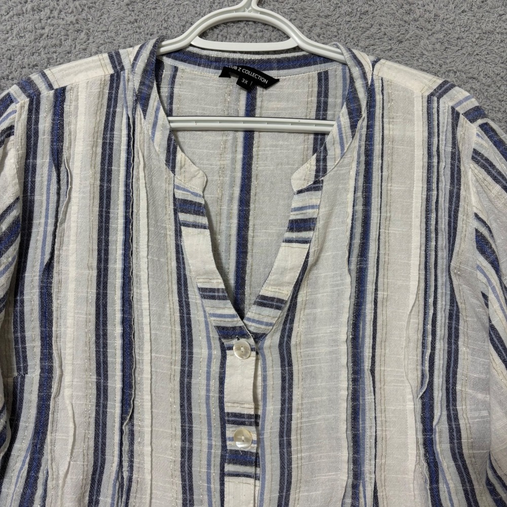 Comfortable Cotton Blend Blouse Roll Tab Sleeve Lightweight Blue Stripe 3X - Picture 3 of 9
